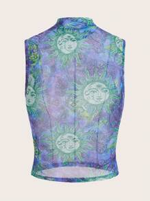 SHEIN ICON Sun Print Mock Neck Mesh Tank Top - Purple - View 2