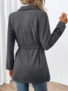 SHEIN LUNE Waterfall Collar Open Front Belted Overcoat - Dark Grey - View 2