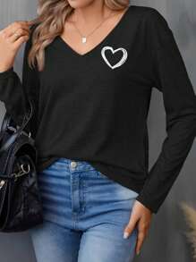 SHEIN LUNE 爱心印花落肩T恤，休闲款 - 黑色 - 查看 3