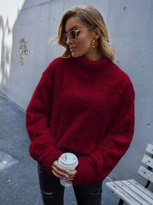 EMERY ROSE High Neck Drop Shoulder Teddy Sweatshirt - Burgundy - View 5