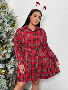 SHEIN EZwear Hơn In Tartan Thả vai Thắt lưng Váy sơ mi - Nhiều màu - Xem 5