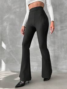 SHEIN Striped Print Flare Leg Pants - Black - View 4