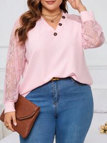 SHEIN LUNE Hơn Ren tương phản Tay Raglan Chi tiết Nút Áo nỉ - Hồng - Xem 5