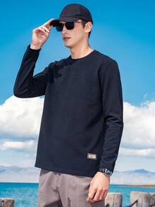 Men Letter Patched Detail Tee - Black - View 1