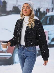 SHEIN LUNE 拉链亮片女士冬季衣服保暖加厚棉服外套 - 黑色 - 查看 5