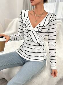 SHEIN Essnce 條紋印花荷葉邊側打結T恤 - 黑與白 - 查看 2