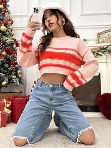 SHEIN Unity Áo len crop trễ vai họa tiết sọc - Nhiều màu - Xem 1