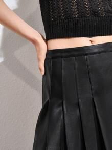 SHEIN Essnce PU Leather Pleated Skirt - Black - View 5