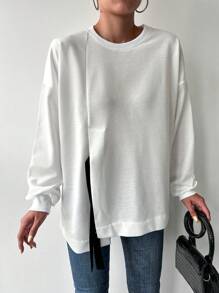 RueChic Drop Shoulder Knot Side Asymmetrical Hem Sweatshirt - Beige - View 5