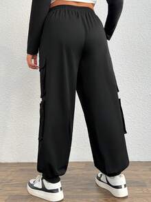 SHEIN EZwear 大碼側翻蓋口袋腰部抽繩工裝褲 - 黑色 - 查看 4