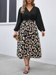 SHEIN Frenchy Plus Leopard Print Lantern Sleeve Overlap Collar Belted Dress - Black - View 6