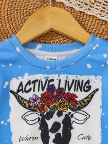 SHEIN 女嬰牛和字母圖案運動衫 - 藍色 - 查看 4