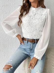 SHEIN Frenchy Guipure Lace Insert Lantern Sleeve Blouse Winter Elegant White Spring - White - View 5