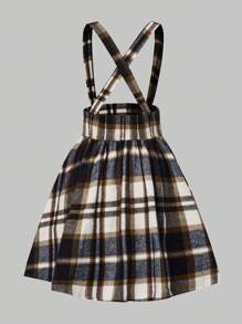 SHEIN LUNE Plus Plaid Print Crisscross Back Pinafore Dress - Brown - View 2