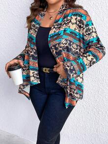 SHEIN LUNE Plus Geo Print Open Front Asymmetrical Hem Coat - Multicolor - View 6