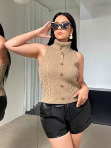 SHEIN Essnce Plus Button Front Cable Knit Top - Camel - View 5