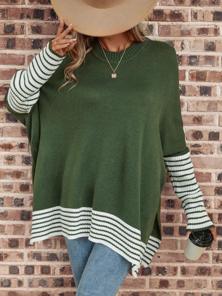SHEIN LUNE Striped Pattern Batwing Sleeve Split Hem Sweater - Green - View 1