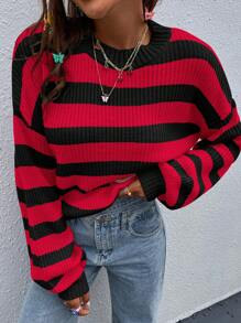SHEIN LUNE Striped Pattern Drop Shoulder Sweater,Long Sleeve Tops Knit Pullover Fall Winter Outfit