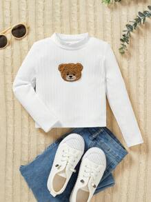 Young Girl Bear Patched Mock Neck Tee - White - View 1