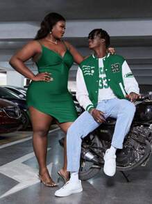 Manfinity RebelGame Men Letter Graphic Two Tone Varsity Jacket - Dark Green - View 5