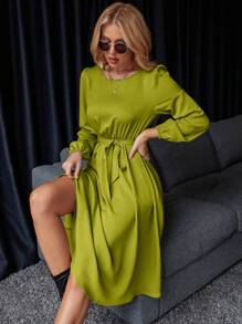 SHEIN Privé Lantern Sleeve Keyhole Back Belted Dress - Olive Green - View 4