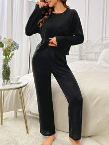 Drop Shoulder Pocket Patched Lounge Set - Black - View 1