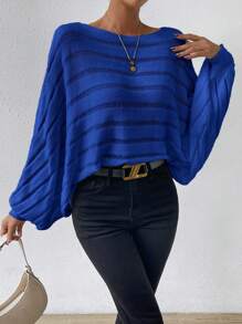 SHEIN LUNE Batwing Sleeve Knit Pullover Fall Winter Sweater - Blue - View 6
