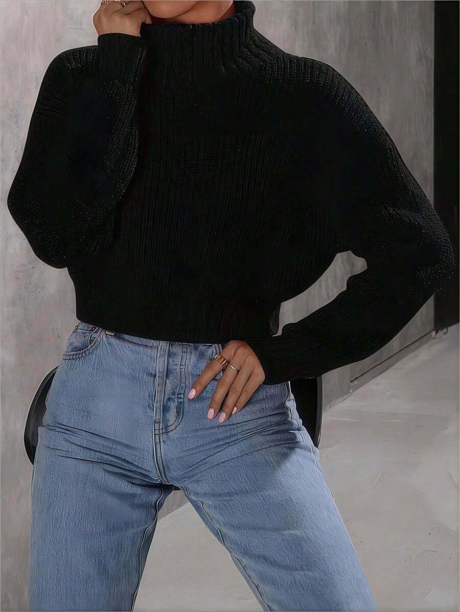 SHEIN Unity High Neck Drop Shoulder Sweater,Long Sleeve Tops Knit Pullover Fall Winter Sweater - Black - View 1