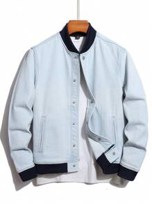 Manfinity Hypemode 男士 1 入組撞色裝飾牛仔飛行員夾克 - 淺色水洗藍 - 查看 1