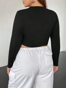 SHEIN EZwear 大碼愛心和標語圖案短款T恤 - 黑色 - 查看 2