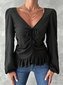 RueChic Drawstring Front Lantern Sleeve Ruffle Hem Blouse - Black - View 1
