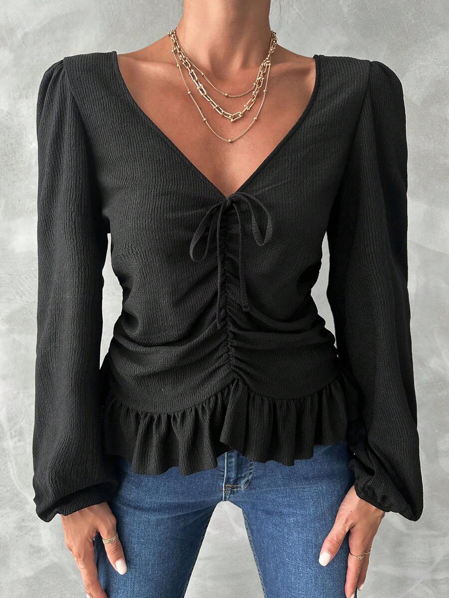 RueChic Drawstring Front Lantern Sleeve Ruffle Hem Blouse - Black - View 1