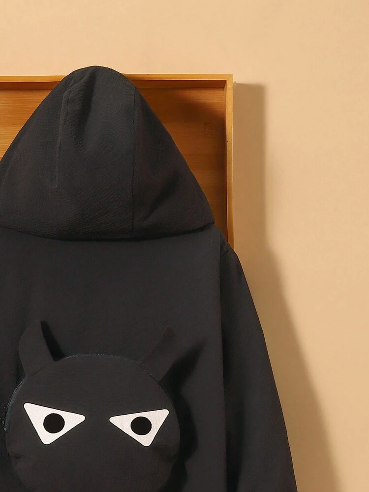 Tween Boy Cartoon Graphic 3D Ears Design Hooded Thermal Lined Coat