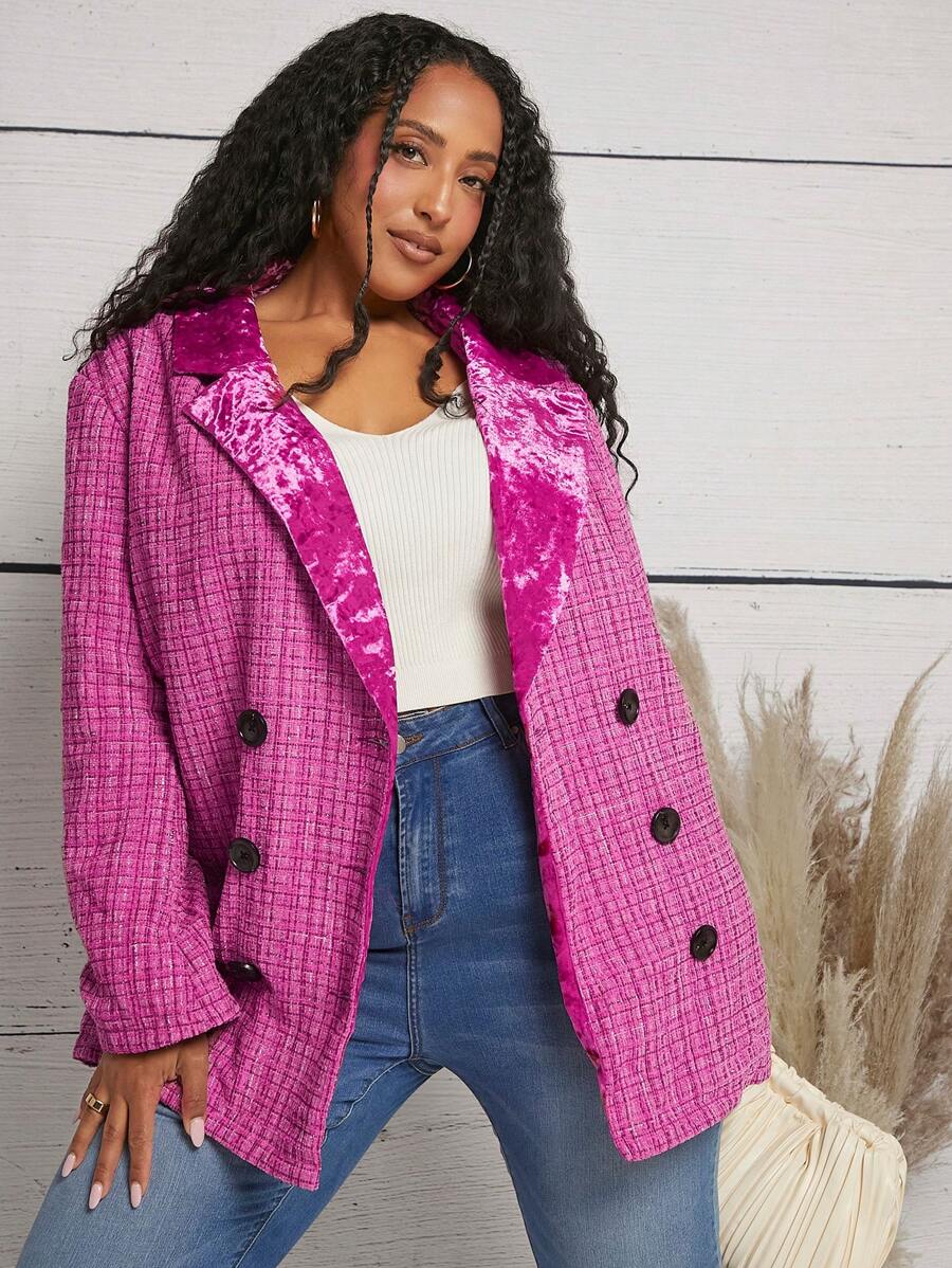 SHEIN CURVE+ Christmas Plus Plaid Double Breasted Blazer - Red Violet - View 1
