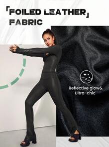 GLOWMODE Foiled Leather Effect Slimfit Square Neck Long sleeve Shirt Active Top With Thumbhole - Black - View 6