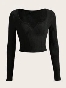 SHEIN EZwear 大碼缺口領短款T恤 - 黑色 - 查看 1