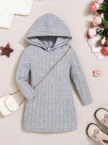 SHEIN 嬰兒女童純色針織連帽長袖裙 - 灰色 - 查看 1