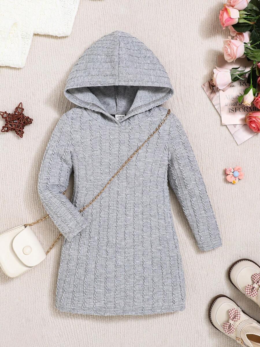 SHEIN 嬰兒女童純色針織連帽長袖裙 - 灰色 - 查看 1