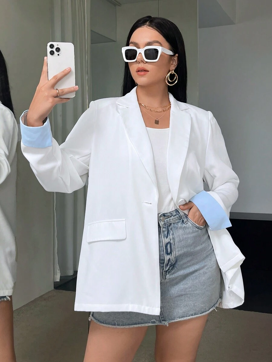 SHEIN Essnce 大碼西裝領翻蓋細節單釦西裝外套 - 白色 - 查看 1
