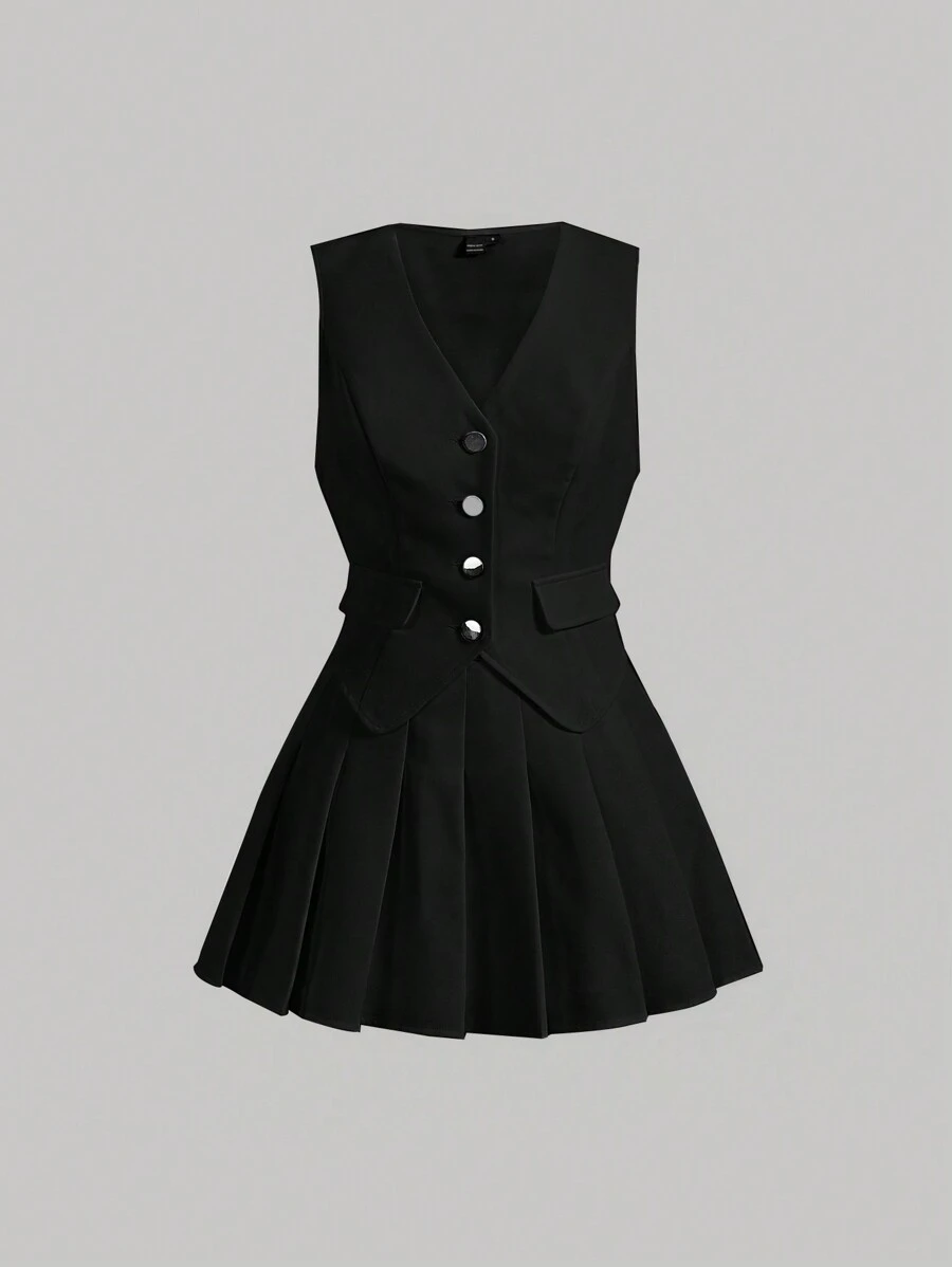 SHEIN MOD Button Front Flap Detail Waistcoat & Pleated Skirt In Fall/Winter - Black - View 1