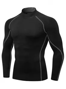 Manfinity Sport Corelite 男友风男士纯色立领插肩袖休闲健身长袖T恤，适合上学、运动、健身等场合，具有压缩、全息、纯色等多种功能，秋季压缩衣透气修身，圆领压缩衣，男士款 - 黑色 - 查看 3