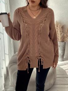 SHEIN Clasi 大碼前繫帶落肩袖套頭毛衣 - 駝色 - 查看 6