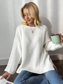 SHEIN Cottnline Solid Drop Shoulder Cable Knit Sweater - White - View 5