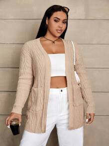 SHEIN EZwear 大码绞花针织落肩开衫 - 卡其色 - 查看 4