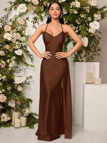 SHEIN Belle 垂坠后背交叉露背缎面伴娘礼服优雅正式晚会舞会婚礼宾客礼服，适合毕业典礼、晚宴派对礼服 - 棕色 - 查看 3