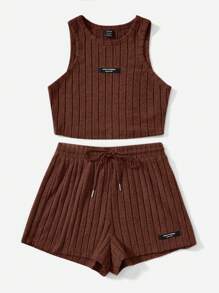 Muchica Letter Patched Detail Tank Top & Drawstring Waist Shorts - Chocolate Brown - View 3