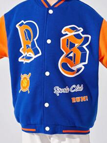 SHEIN Tween Boy Letter Graphic Colorblock Drop Shoulder Varsity Jacket - Blue - View 6