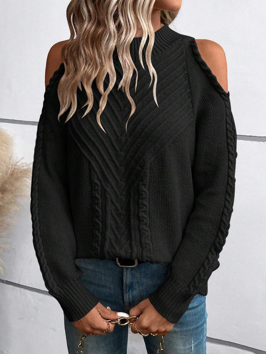 SHEIN LUNE 挖肩麻花編織挖肩套頭毛衣 - 黑色 - 查看 1