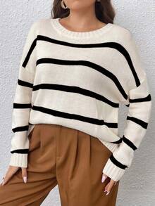 Celure 大碼條紋圖案落肩袖套頭毛衣 - 黑色 - 查看 3