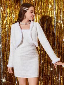 Teen Girl Open Front Jacket & Cami Dress for Christmas - White - View 6